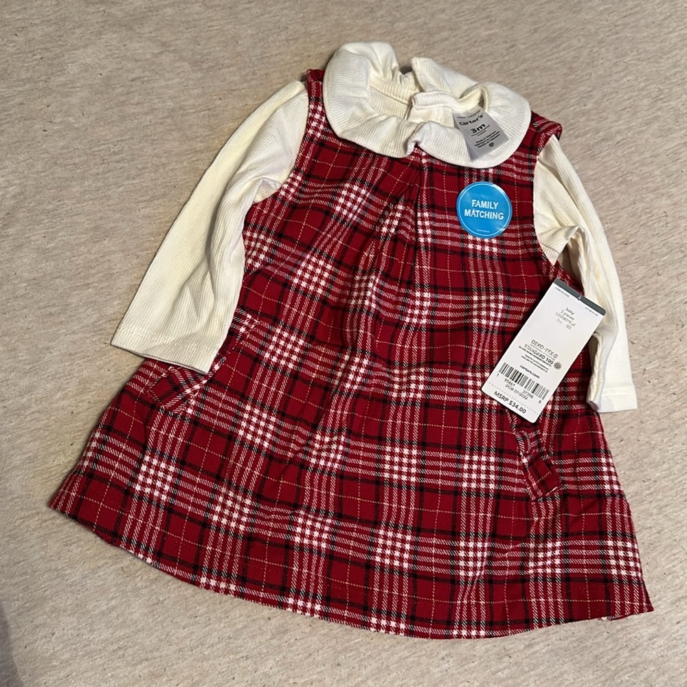NWT, Carter, 2 piece buffalo pattern dress, and long sleeved shirt set.